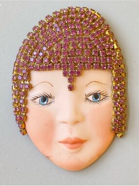 Vintage 1990s. Art Deco Style Flapper w/ Rhinestone Headdress. Porcelain Brooch
